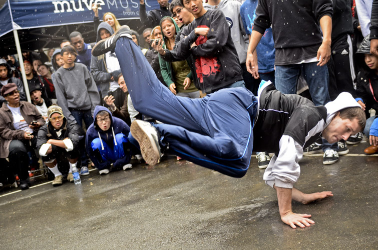 Brandon Rapp, a Baltimore-native and member of breakdance crew, the Incredible Sushi Kings, stuns the crowd during the B-Boy Battle at the Crafty Bastards Festival in the Adams Morgan neighborhood of Washington, D.C.