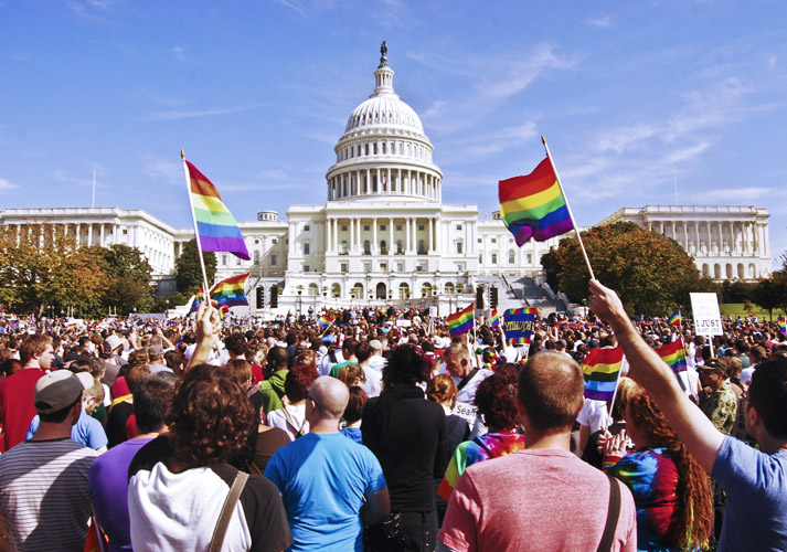 Demonstrators assemble on the West Lawn of the United States Capitol after marching down Pennsylvania Avenue from the White House during the National Equality March in 2009.