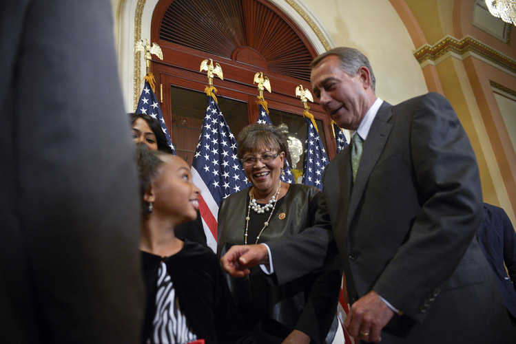 Rep. Alma Adams won a special election in November to fill an immediate vacancy in the 12th district of North Carolina. Boehner greets Adams and her large family shortly before he ceremonially swears her in to office.