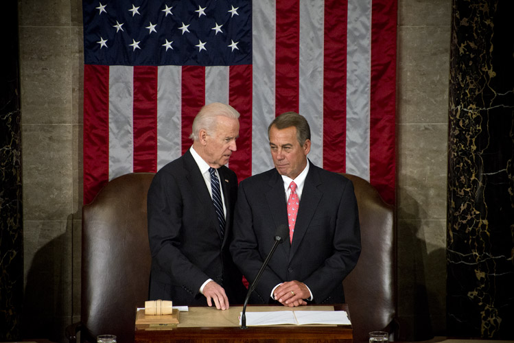 The Speaker catches up with Vice President Joe Biden before the arrival of Japanese Prime Minister Shinzo Abe, who will make a joint-address to Congress. Boehner and Biden, as the the President of the Senate, preside over any joint-session.