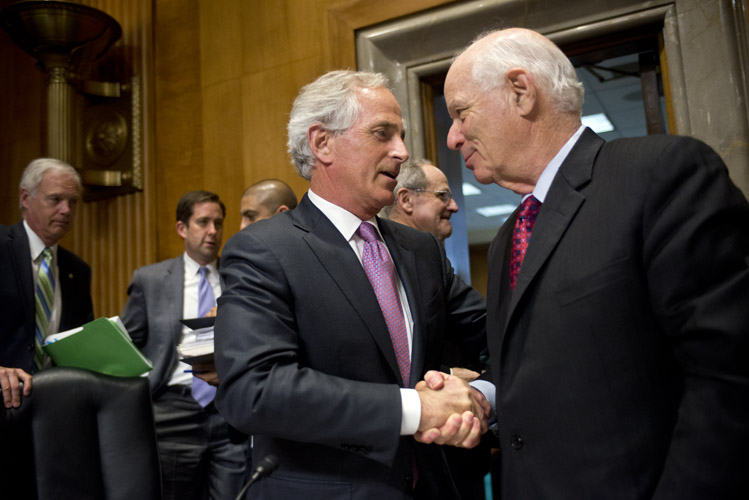 Despite fierce opposition from the Obama Administration, Senate Foreign Relations Committee Chairman Bob Corker and the committee's ranking member Ben Cardin shake hands after their negotiated bill passed out of committee. The legislation, which would give Congress a vote over the nuclear deal with Iran, received unanimous support from the committee and the President backed down from his veto threats.